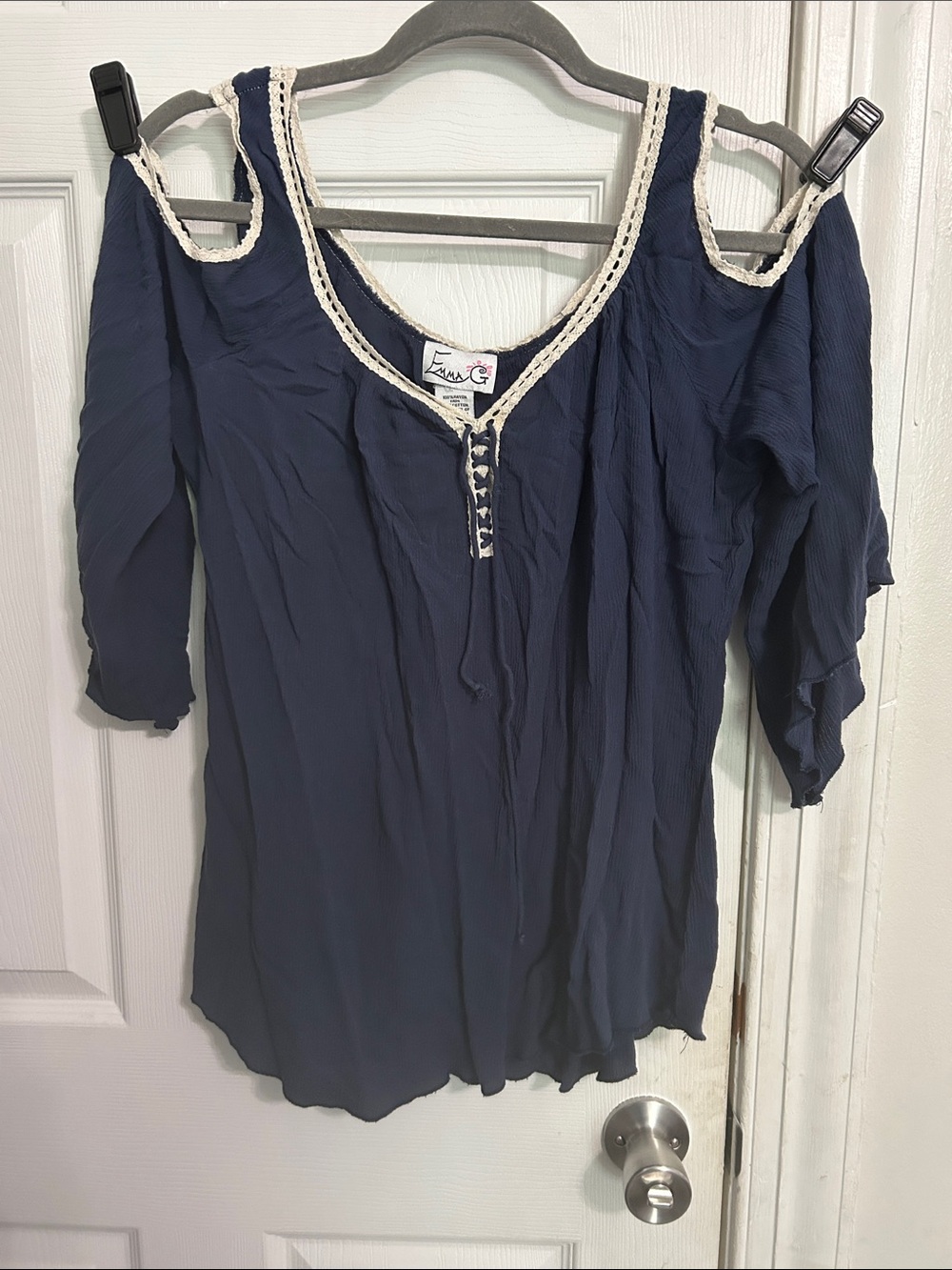 Cold-Shoulder Navy Peasant Blouse with Cream Crochet Trim